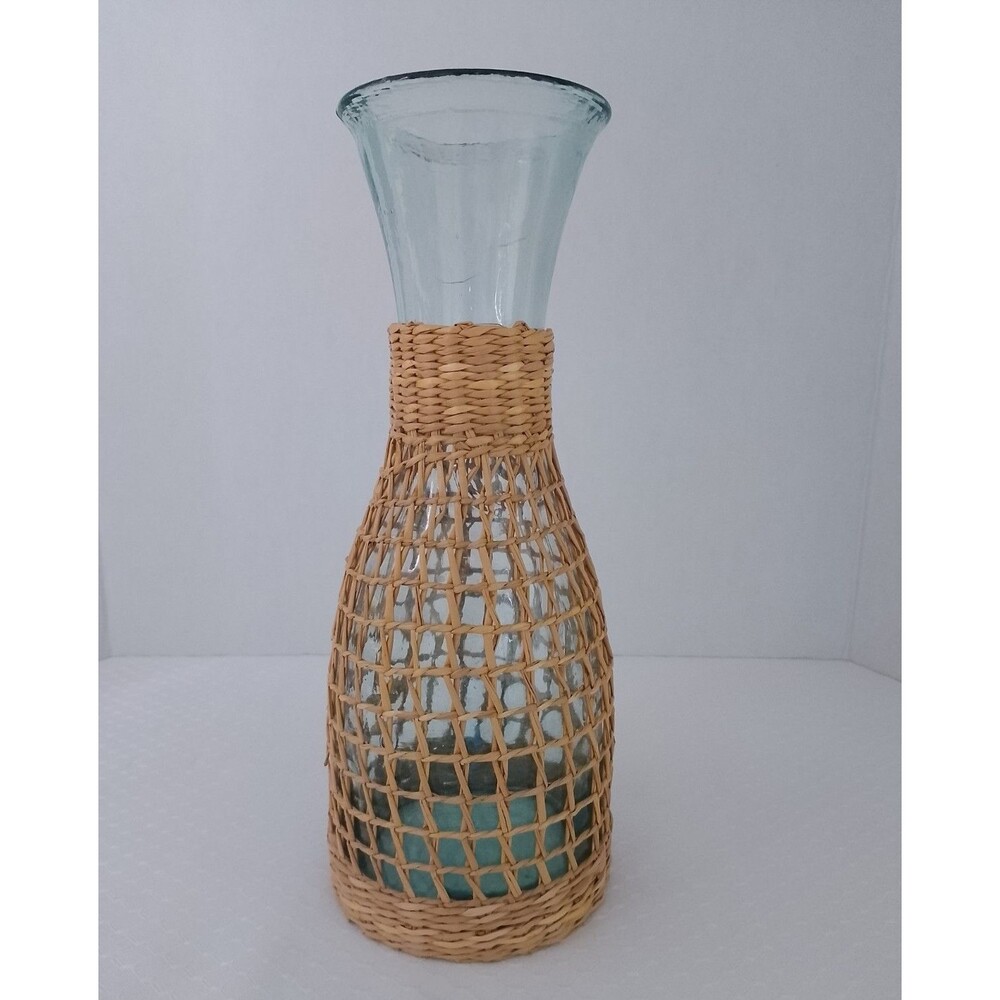 Vintage Wicker Wrapped Green Glass Vase Carafe Mid Century Coastal Boho Decor